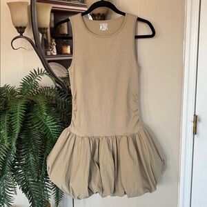NWOT OQQ Bubble Dress Sleeveless Ruched Bodycon Party Balloon Hem Tan Mini
